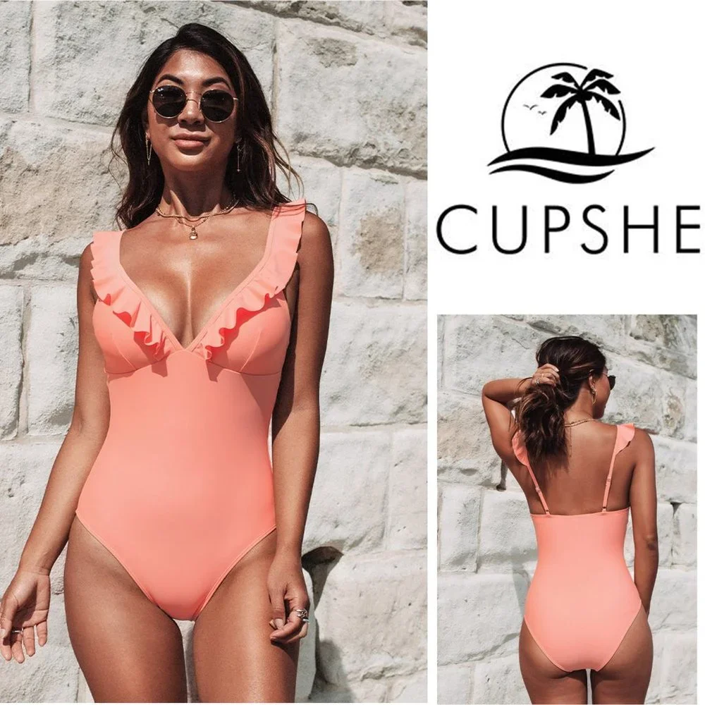 CUPSHE Bermuda Bliss Ruffle Plunge Neck One Piece Swimsuit NEW WITH TAGS!